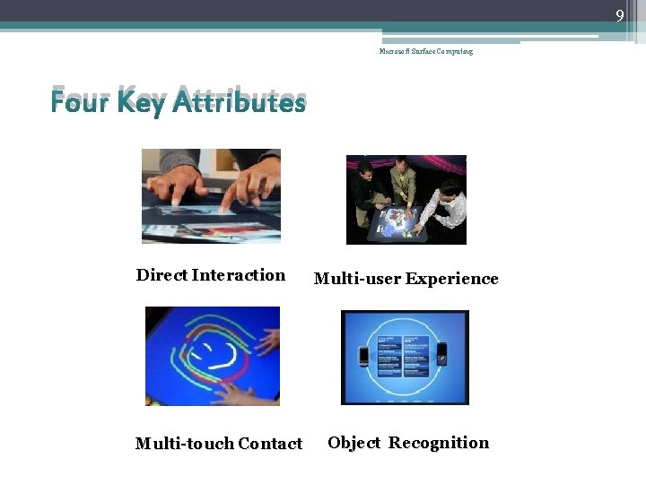 9 Microsoft Surface Computing Four Key Attributes Direct Interaction Multi-touch Contact Multi-user Experience Object