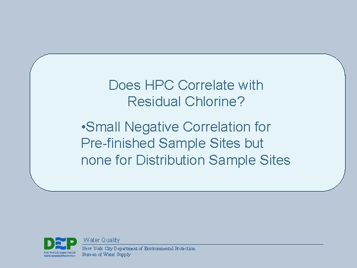 Does HPC Correlate with Residual Chlorine? • Small Negative Correlation for Pre-finished Sample Sites