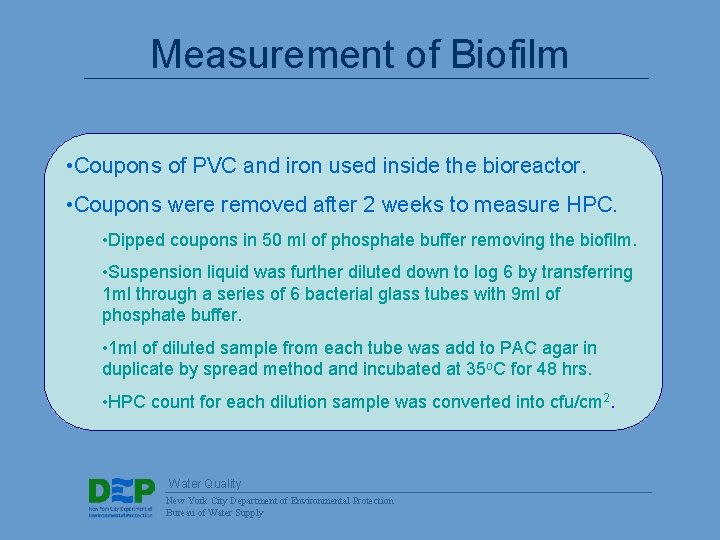 Measurement of Biofilm • Coupons of PVC and iron used inside the bioreactor. •