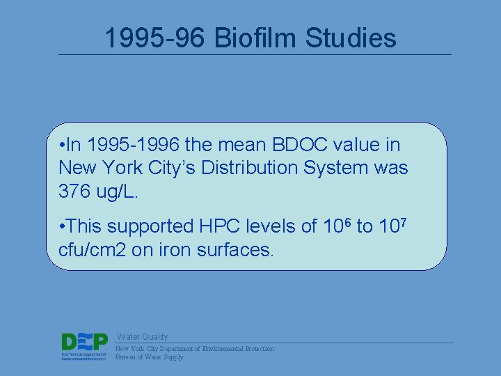 1995 -96 Biofilm Studies • In 1995 -1996 the mean BDOC value in New