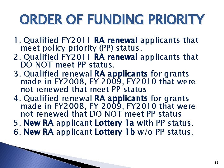 ORDER OF FUNDING PRIORITY 1. Qualified FY 2011 RA renewal applicants that meet policy
