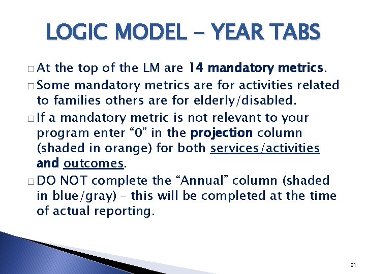 LOGIC MODEL - YEAR TABS � At the top of the LM are 14