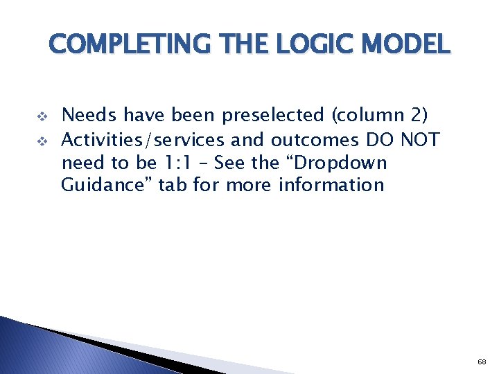 COMPLETING THE LOGIC MODEL v v Needs have been preselected (column 2) Activities/services and