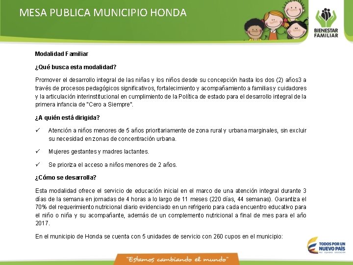 MESA PUBLICA MUNICIPIO HONDA Modalidad Familiar ¿Qué busca esta modalidad? Promover el desarrollo integral