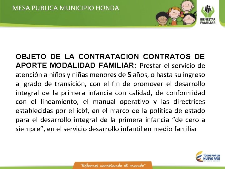 MESA PUBLICA MUNICIPIO HONDA OBJETO DE LA CONTRATACION CONTRATOS DE APORTE MODALIDAD FAMILIAR: Prestar