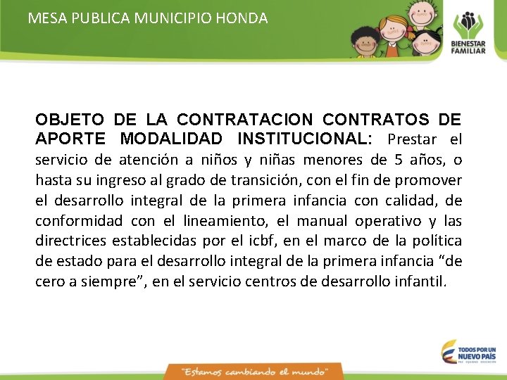 MESA PUBLICA MUNICIPIO HONDA OBJETO DE LA CONTRATACION CONTRATOS DE APORTE MODALIDAD INSTITUCIONAL: Prestar