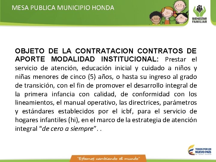 MESA PUBLICA MUNICIPIO HONDA OBJETO DE LA CONTRATACION CONTRATOS DE APORTE MODALIDAD INSTITUCIONAL: Prestar