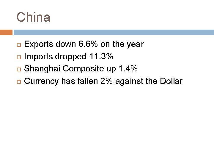 China Exports down 6. 6% on the year Imports dropped 11. 3% Shanghai Composite