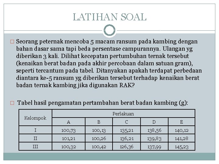 LATIHAN SOAL � Seorang peternak mencoba 5 macam ransum pada kambing dengan bahan dasar