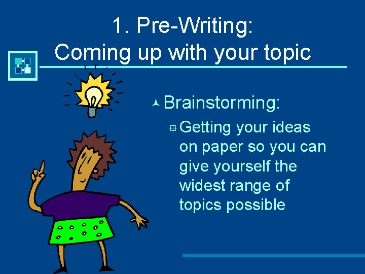 1. Pre-Writing: Coming up with your topic © Brainstorming: °Getting your ideas on paper