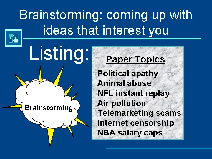 Brainstorming: coming up with ideas that interest you Listing: Brainstorming Paper Topics Political apathy