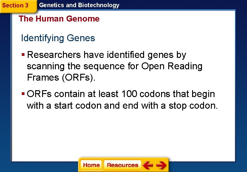 Section 3 Genetics and Biotechnology The Human Genome Identifying Genes § Researchers have identified