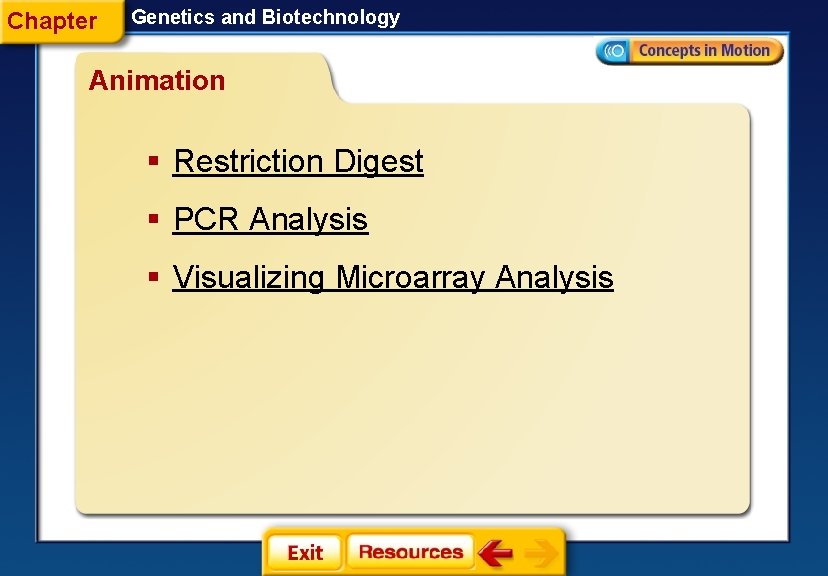 Chapter Genetics and Biotechnology Animation § Restriction Digest § PCR Analysis § Visualizing Microarray