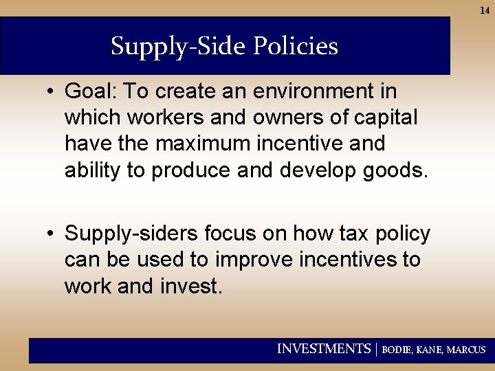 14 Supply-Side Policies • Goal: To create an environment in which workers and owners