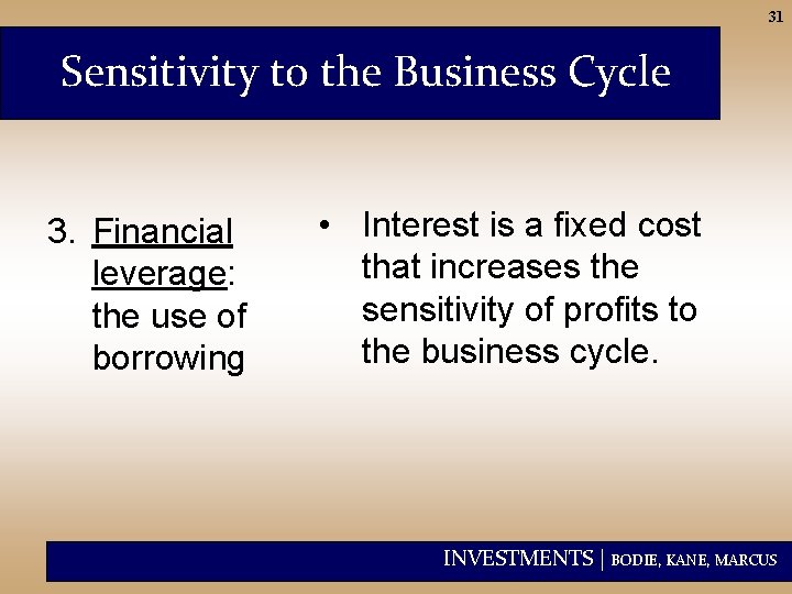 31 Sensitivity to the Business Cycle 3. Financial leverage: the use of borrowing •
