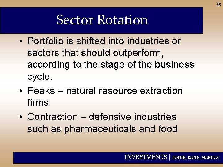 33 Sector Rotation • Portfolio is shifted into industries or sectors that should outperform,