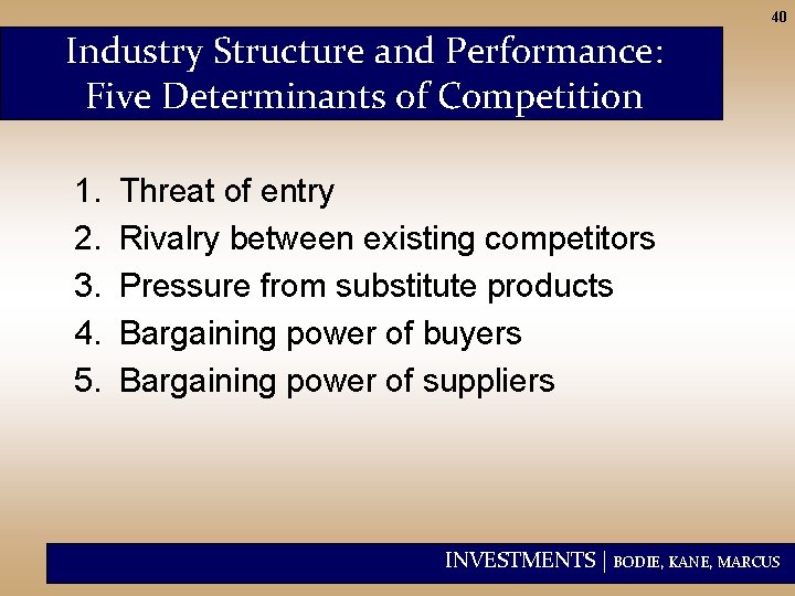40 Industry Structure and Performance: Five Determinants of Competition 1. 2. 3. 4. 5.