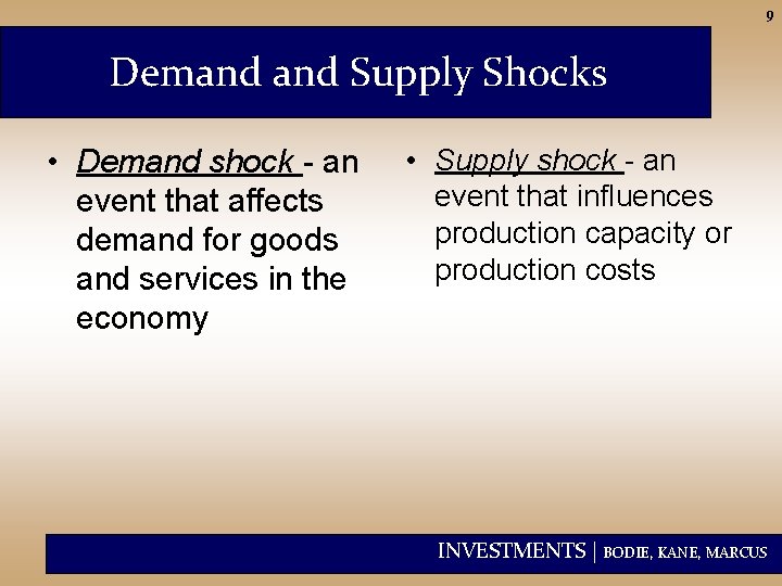 9 Demand Supply Shocks • Demand shock - an event that affects demand for