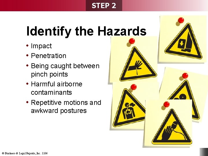 STEP 2 Identify the Hazards • Impact • Penetration • Being caught between pinch