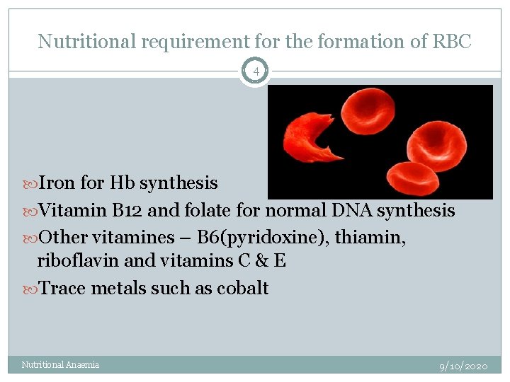 Nutritional requirement for the formation of RBC 4 Iron for Hb synthesis Vitamin B