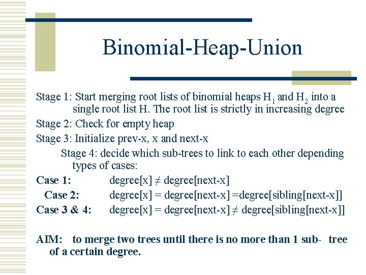 Binomial-Heap-Union Stage 1: Start merging root lists of binomial heaps H 1 and H