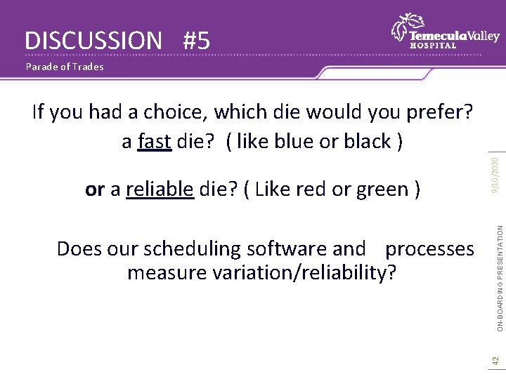 DISCUSSION #5 Parade of Trades ON-BOARDING PRESENTATION Does our scheduling software and processes measure