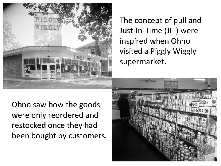 The concept of pull and Just-In-Time (JIT) were inspired when Ohno visited a Piggly