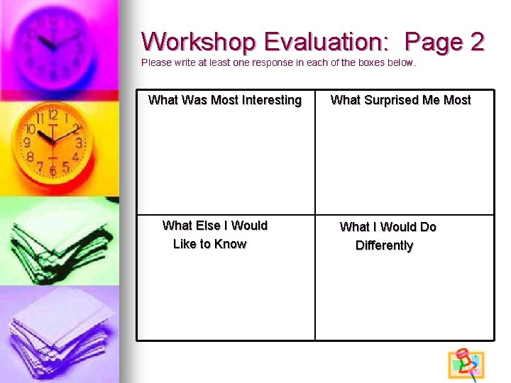 Workshop Evaluation: Page 2 Please write at least one response in each of the