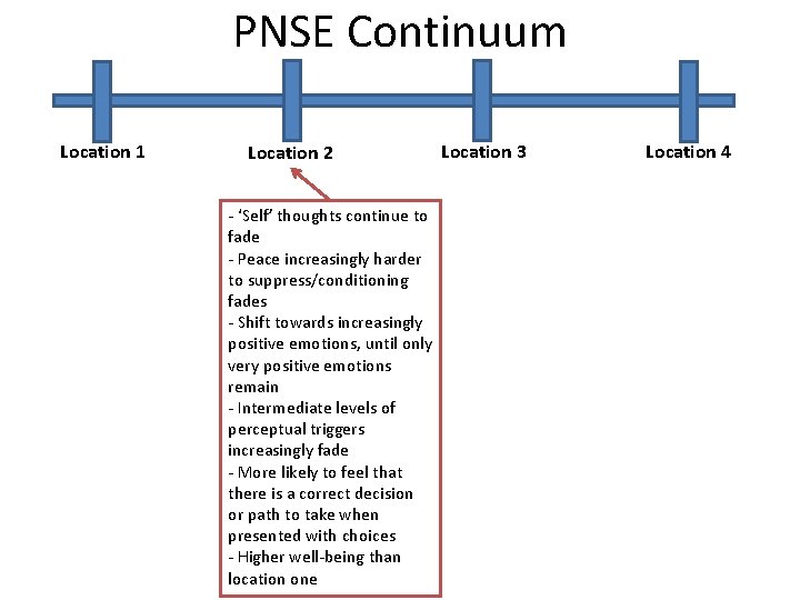 PNSE Continuum Location 1 Location 2 - ‘Self’ thoughts continue to fade - Peace