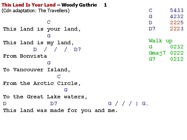 This Land Is Your Land – Woody Guthrie (Cdn adaptation: The Travellers) 1 C