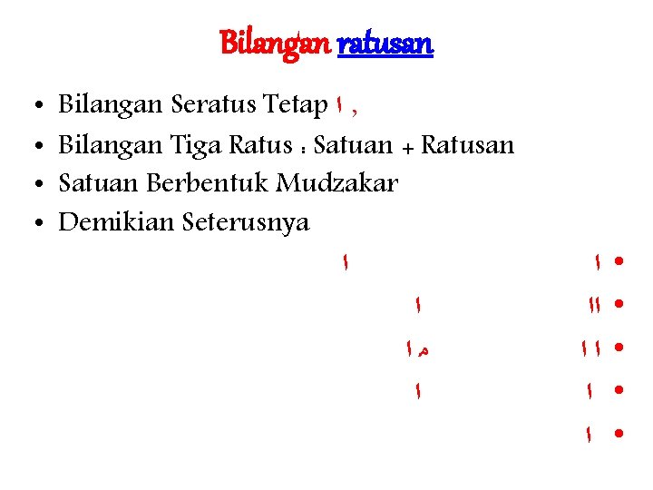 Bilangan ratusan • • Bilangan Seratus Tetap ﺍ , Bilangan Tiga Ratus : Satuan