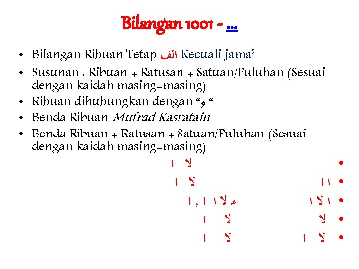 Bilangan 1001 -. . . • Bilangan Ribuan Tetap ﺍﻟﻒ Kecuali jama’ • Susunan