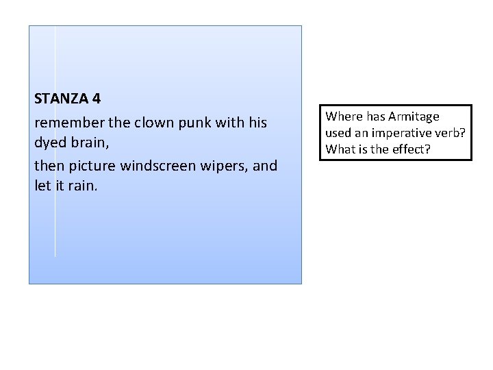 STANZA 4 remember the clown punk with his dyed brain, then picture windscreen wipers,