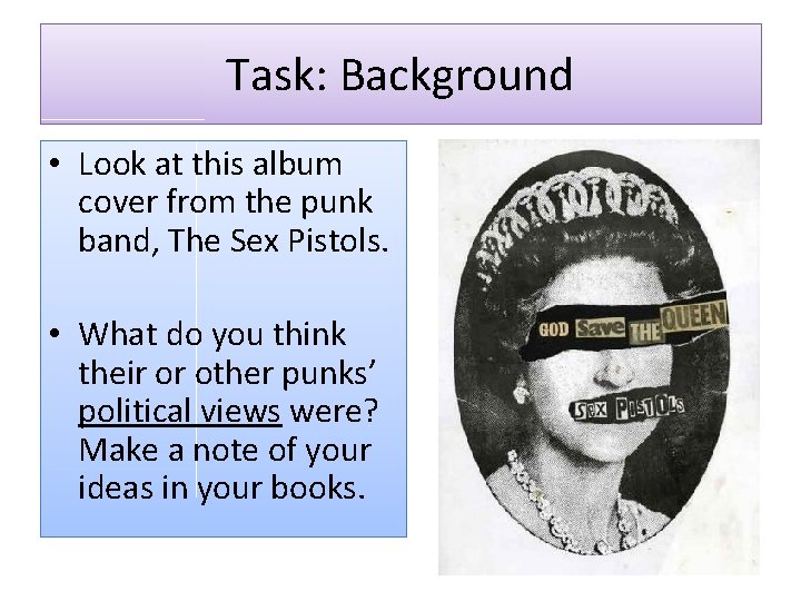 Task: Background • Look at this album cover from the punk band, The Sex