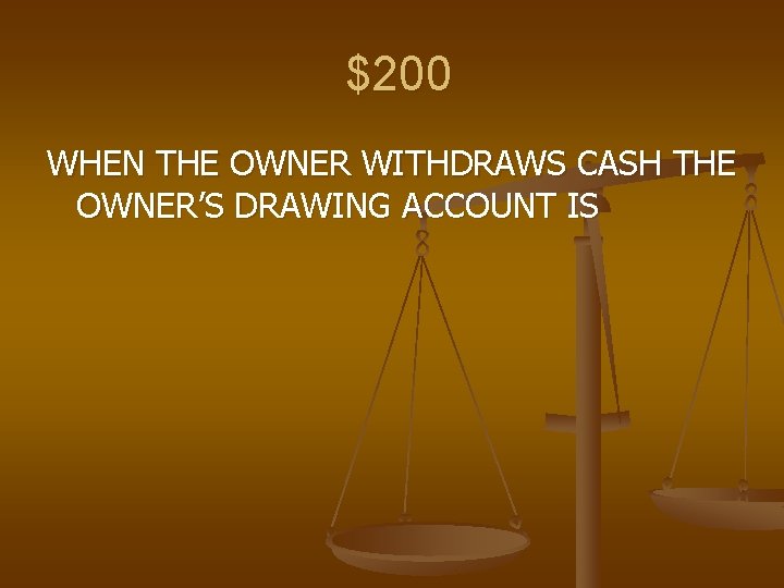 $200 WHEN THE OWNER WITHDRAWS CASH THE OWNER’S DRAWING ACCOUNT IS 