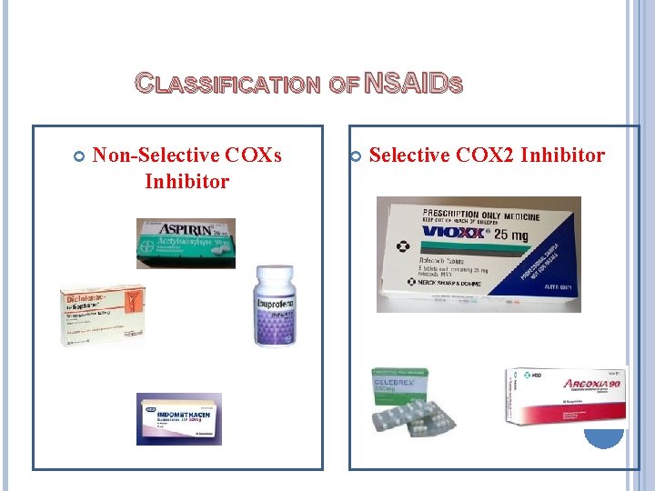 CLASSIFICATION OF NSAIDS Non-Selective COXs Inhibitor Selective COX 2 Inhibitor 