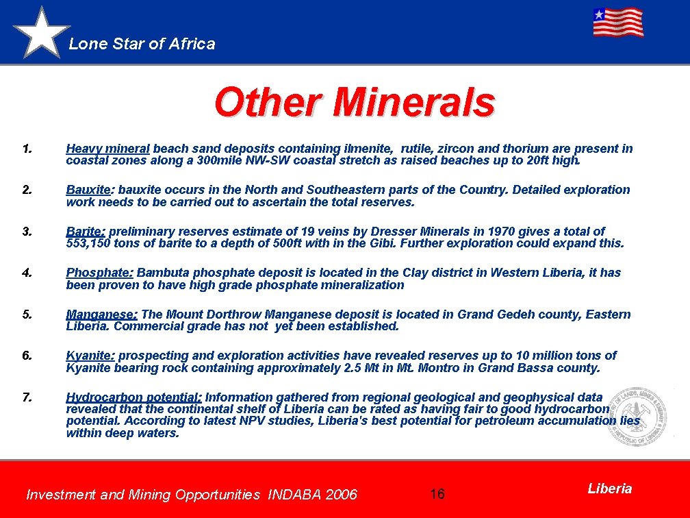 Lone Star of Africa Other Minerals 1. Heavy mineral beach sand deposits containing ilmenite,