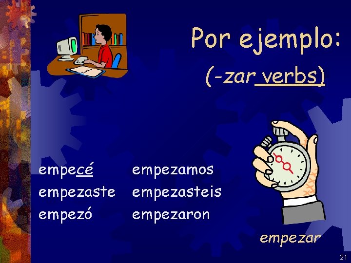 Por ejemplo: (-zar verbs) empecé empezaste empezó empezamos empezasteis empezaron empezar 21 