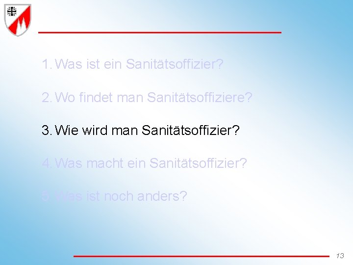 1. Was ist ein Sanitätsoffizier? 2. Wo findet man Sanitätsoffiziere? 3. Wie wird man