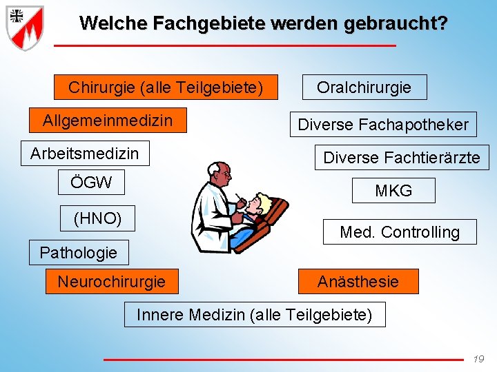 Welche Fachgebiete werden gebraucht? Chirurgie (alle Teilgebiete) Allgemeinmedizin Arbeitsmedizin Oralchirurgie Diverse Fachapotheker Diverse Fachtierärzte