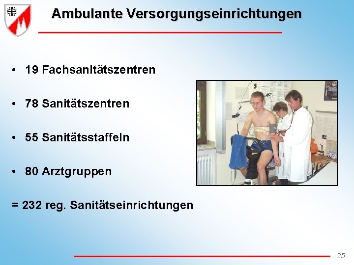 Ambulante Versorgungseinrichtungen • 19 Fachsanitätszentren • 78 Sanitätszentren • 55 Sanitätsstaffeln • 80 Arztgruppen