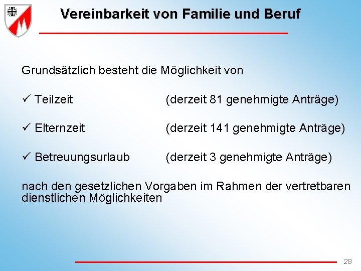 Vereinbarkeit von Familie und Beruf Grundsätzlich besteht die Möglichkeit von ü Teilzeit (derzeit 81