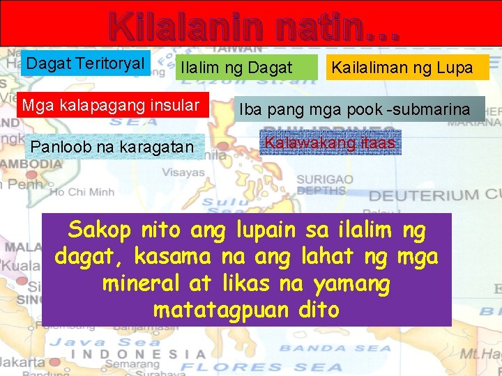 Kilalanin natin… Dagat Teritoryal Ilalim ng Dagat Mga kalapagang insular Panloob na karagatan Kailaliman