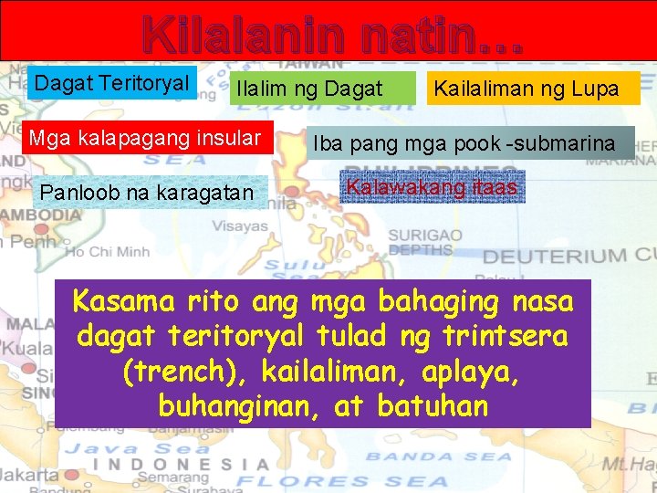 Kilalanin natin… Dagat Teritoryal Ilalim ng Dagat Mga kalapagang insular Panloob na karagatan Kailaliman