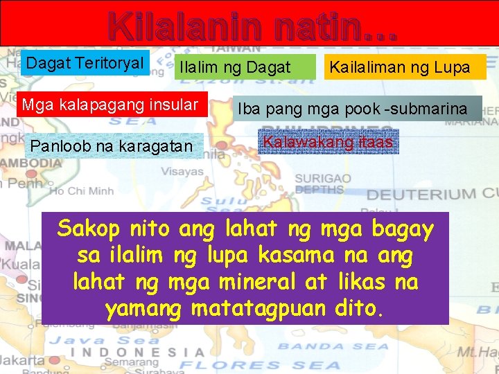 Kilalanin natin… Dagat Teritoryal Ilalim ng Dagat Mga kalapagang insular Panloob na karagatan Kailaliman