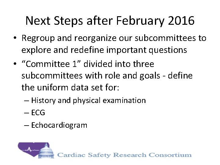 Next Steps after February 2016 • Regroup and reorganize our subcommittees to explore and