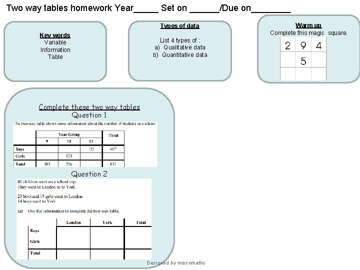 Two way tables homework Year_____ Set on ______/Due on____ Types of data Key words