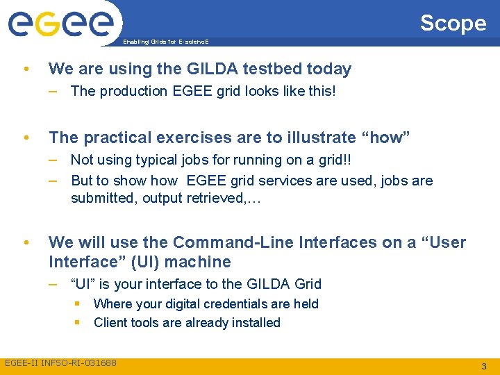 Scope Enabling Grids for E-scienc. E • We are using the GILDA testbed today