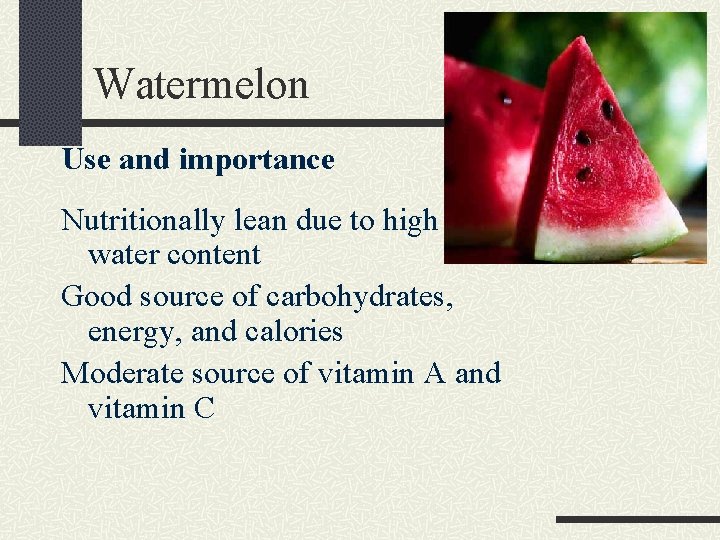 Watermelon Use and importance Nutritionally lean due to high water content Good source of