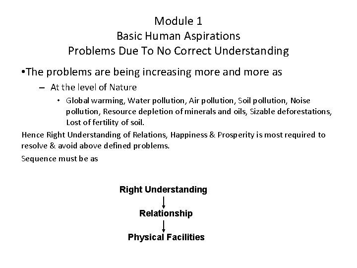 Module 1 Basic Human Aspirations Problems Due To No Correct Understanding • The problems